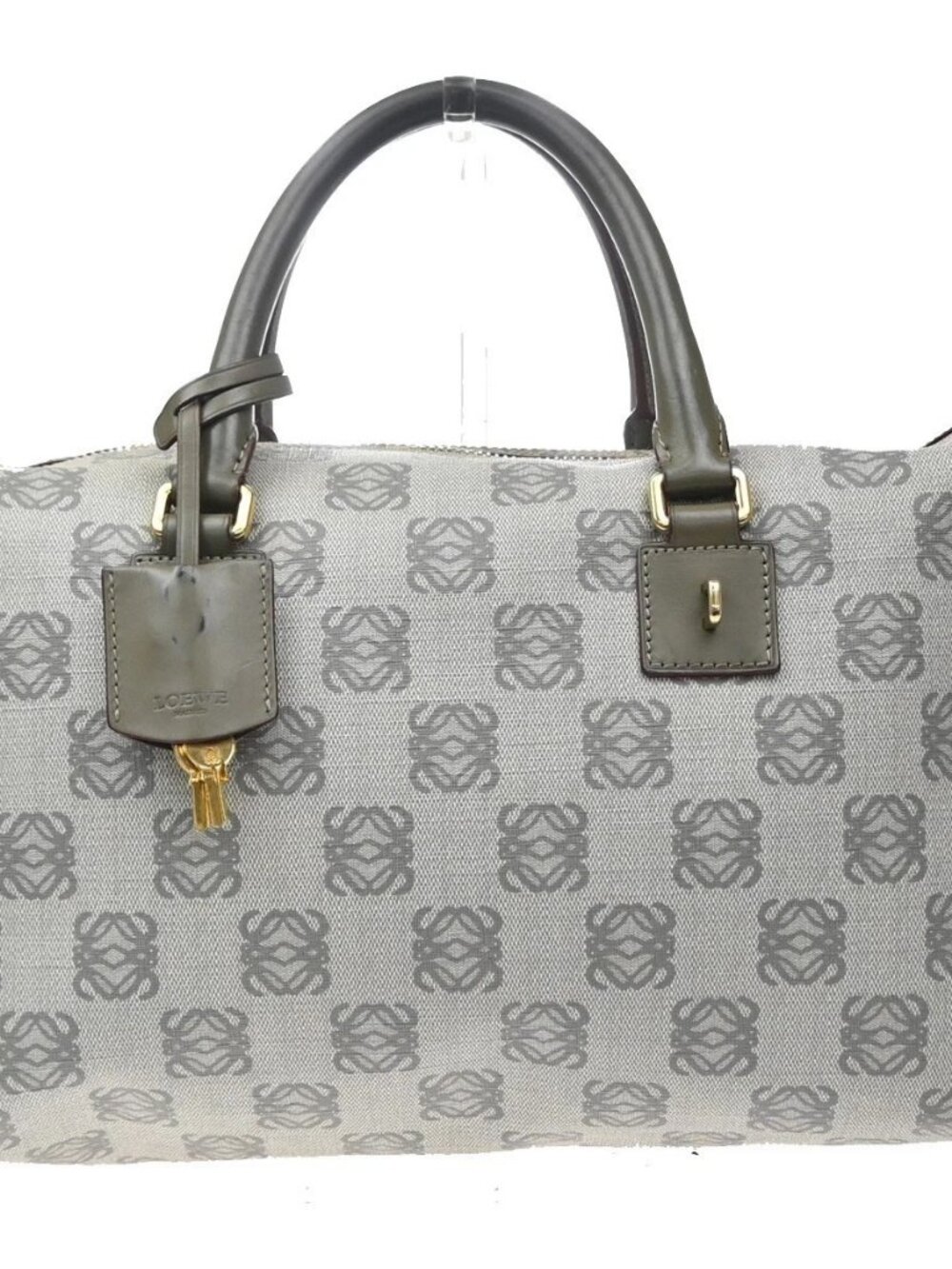 LOEWE Logo Amazona Anagram Boston Hand Bag PVC Leather Khaki Green Spain 35KD689